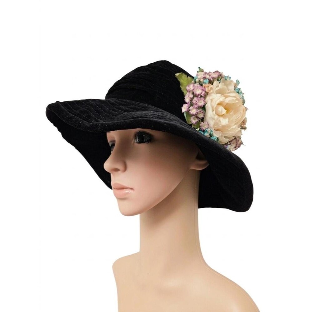 Vintage Importa Black Velvet Flower Wide Brim Hat, Cotton